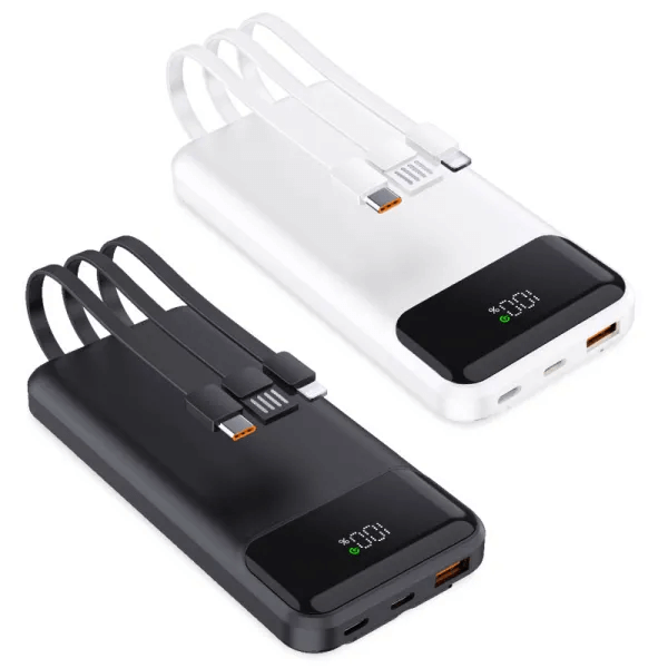 סוללות גיבוי שחורה ולבנה 10,000mAh PD עם מסך דיגיטלי ושלושה כבלים מובנים